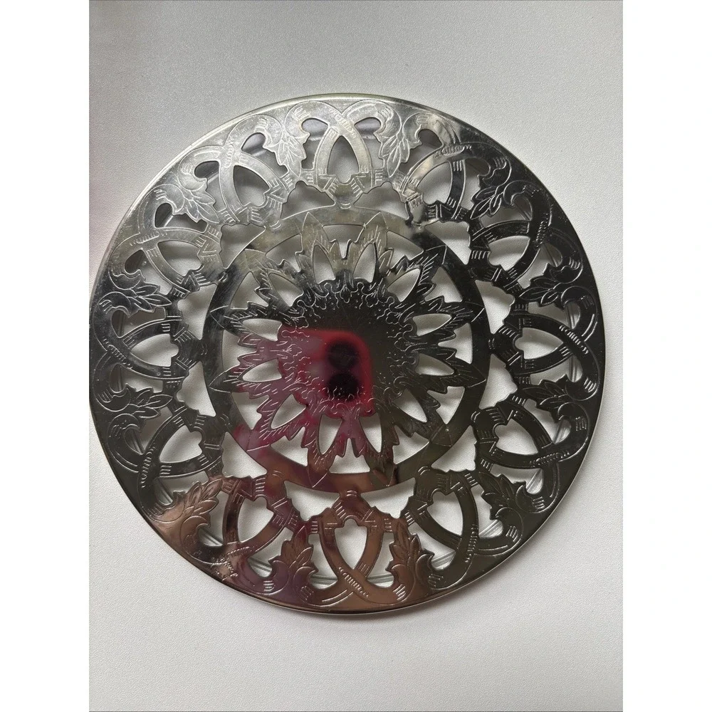 Vintage Leonard Round Reticulated Silver Plate Glass Backed Trivet 6 